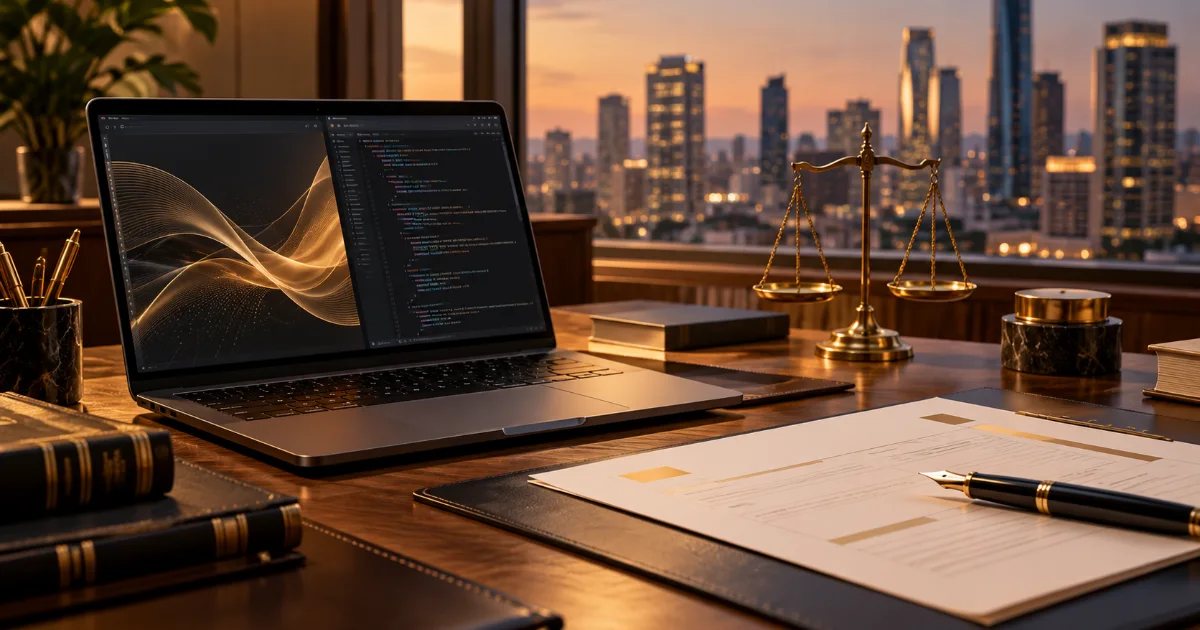 Law office desk at dusk with a laptop showing generated artwork, a brass scale of justice, papers and a fountain pen against the city skyline