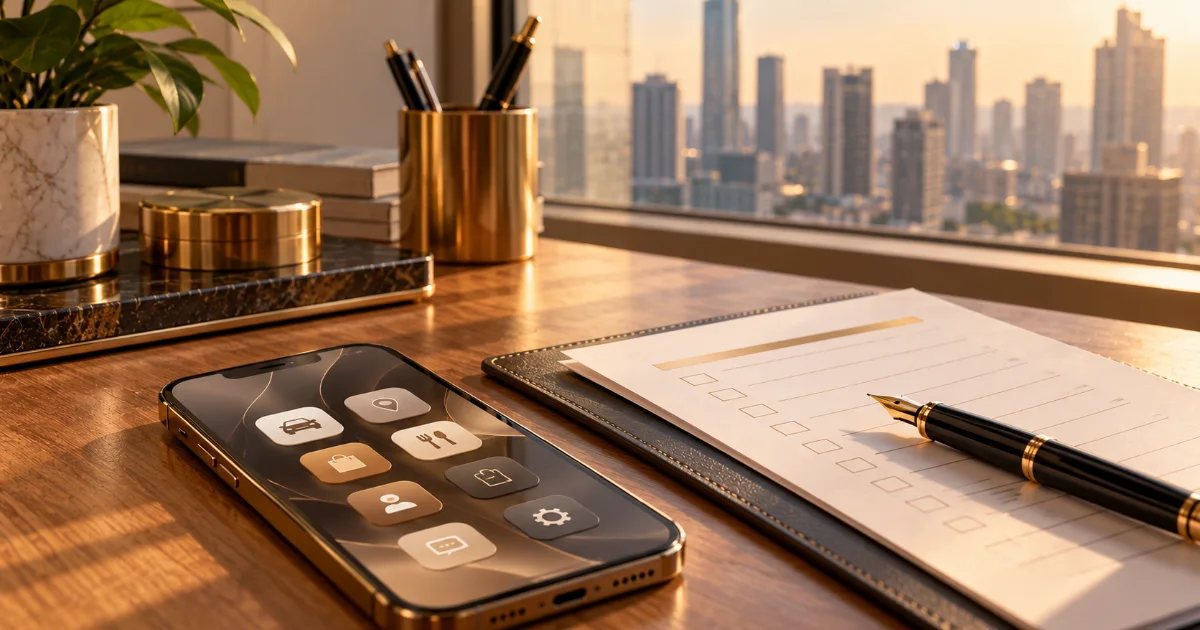Smartphone with generic app icons on a wooden desk beside a checklist and a fountain pen, morning light over the city