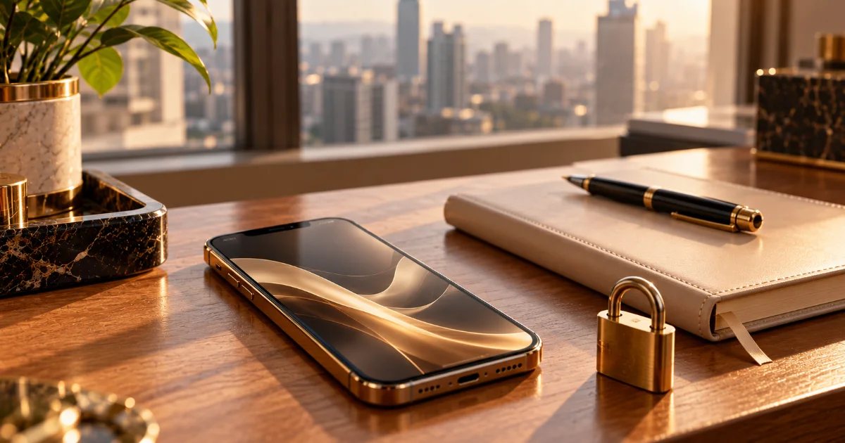 Smartphone on a wooden desk next to a closed notebook, a fountain pen and a brass padlock at golden hour