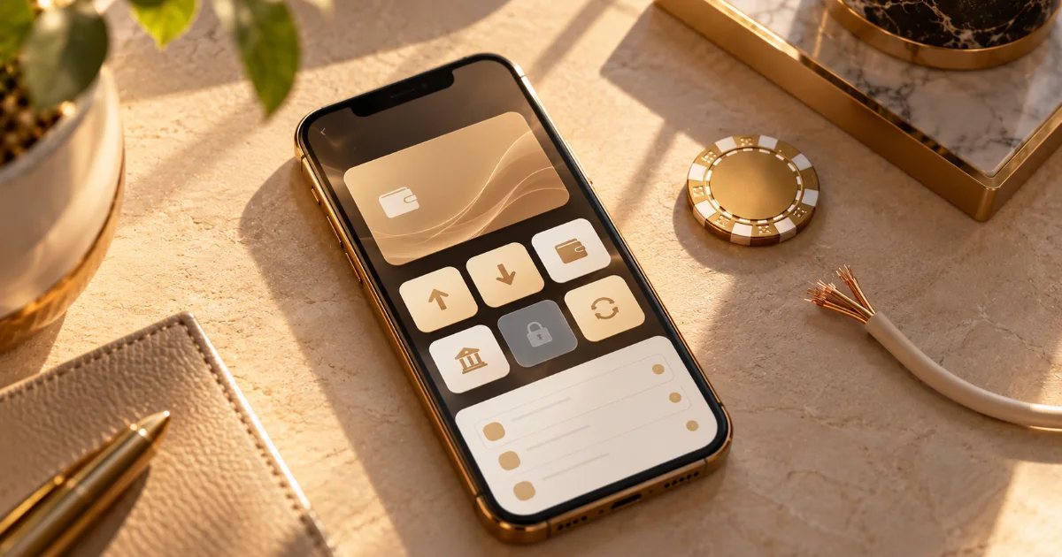 Overhead view of a smartphone wallet app with a greyed-out tile, a gold chip and a cut cable on a beige desk
