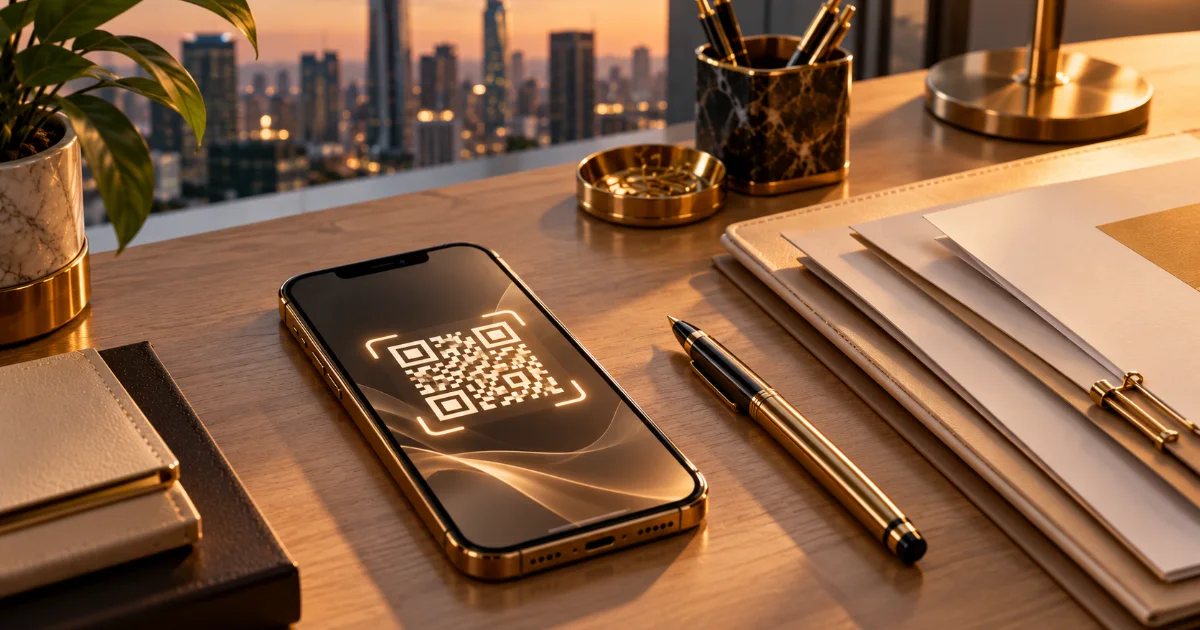 Smartphone displaying a QR code beside a stack of documents and a brass pen on an office desk at dusk