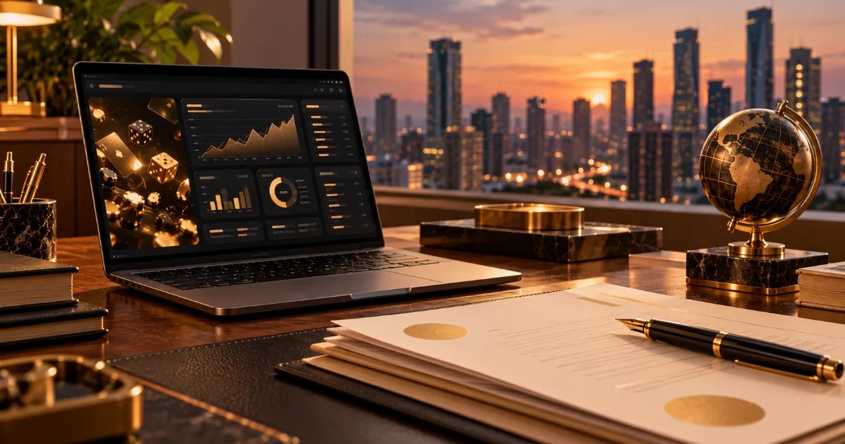 Office desk at dusk with a laptop showing analytics charts, a brass globe, sealed documents and a fountain pen overlooking the skyline