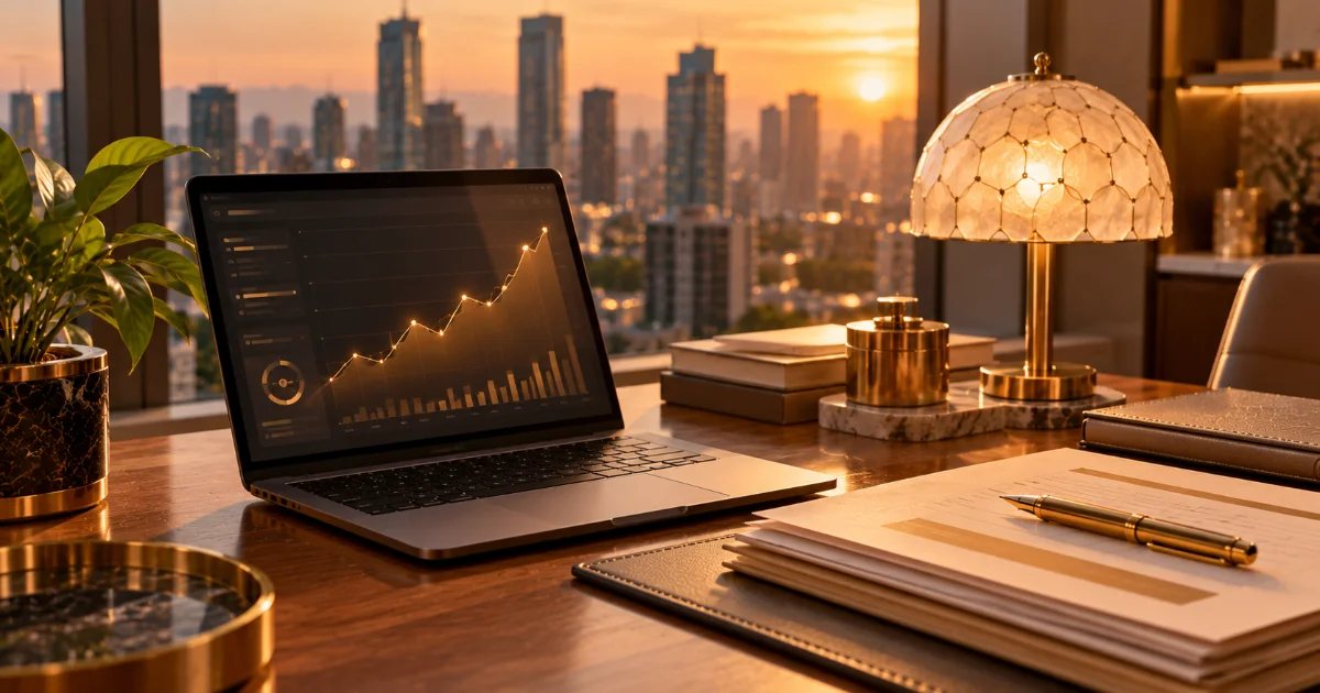 Laptop showing a rising line chart beside a capiz-shell lamp, stacked papers and a gold pen at golden hour