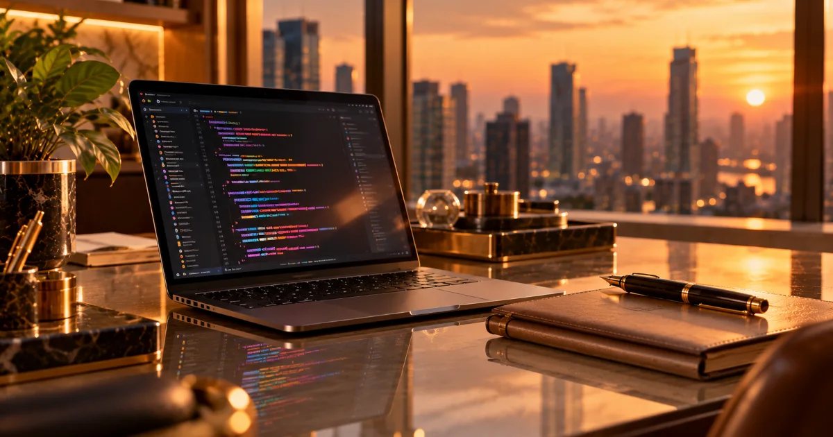 Laptop displaying lines of code on a glass desk with a leather notebook and fountain pen, city skyline at sunset