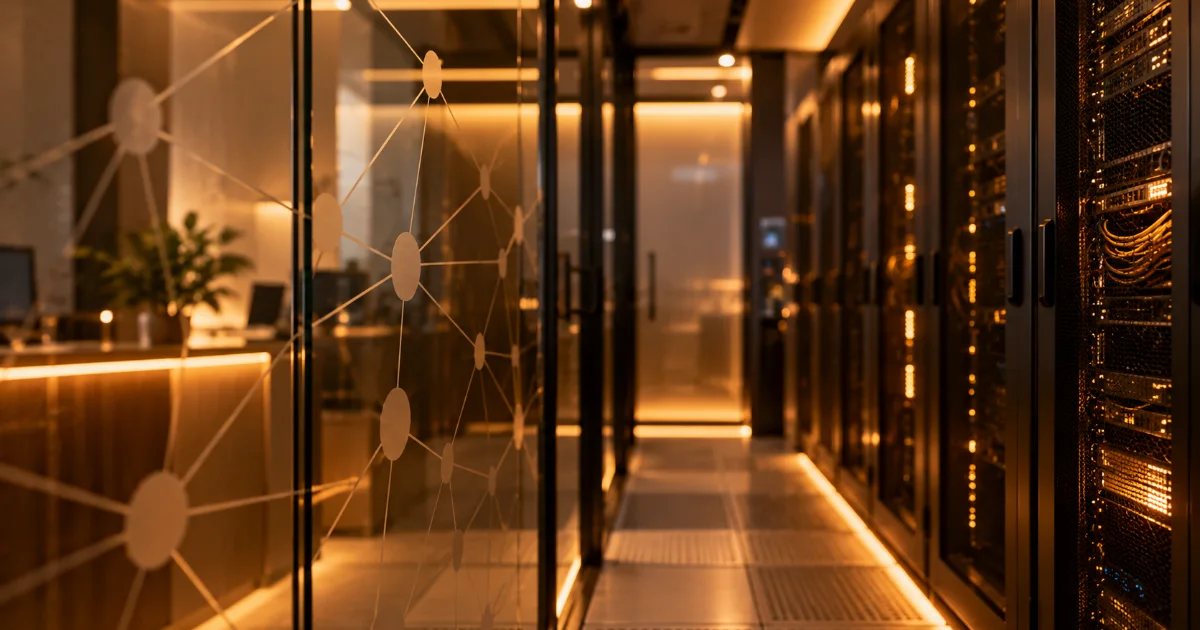 Server room corridor with warm amber lighting behind a glass partition etched with a network pattern