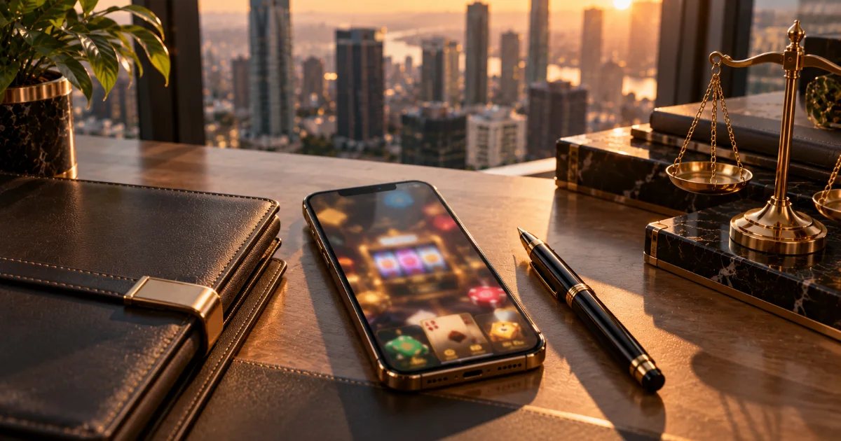 Smartphone with a blurred game screen beside a leather folder, a fountain pen and a brass scale of justice