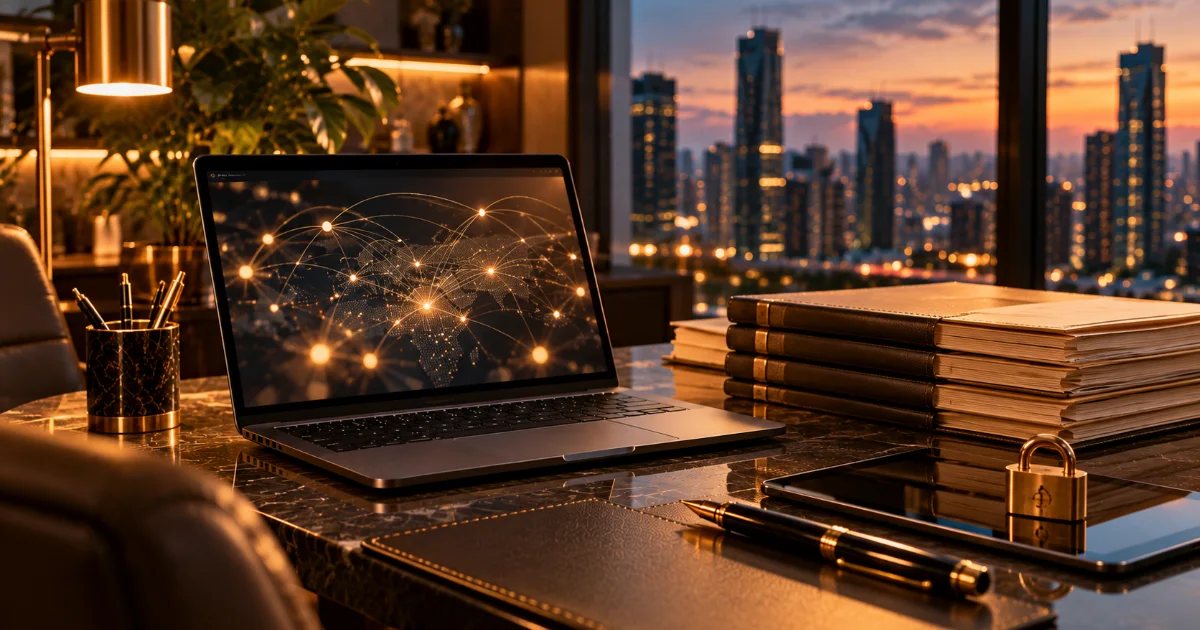 Laptop showing network-node graphics, contract folders and a brass padlock on a tablet at dusk