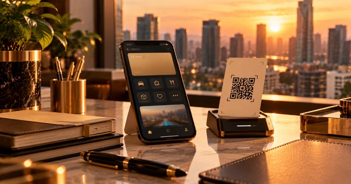 Smartphone app interface, a QR code card on a reader, a notebook and a fountain pen on a desk at golden hour