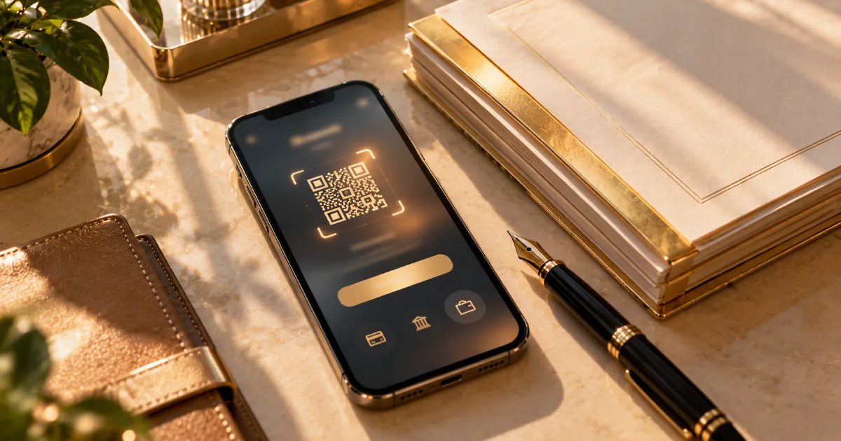 Overhead view of a smartphone payment screen with a QR code beside gold-edged documents and a fountain pen