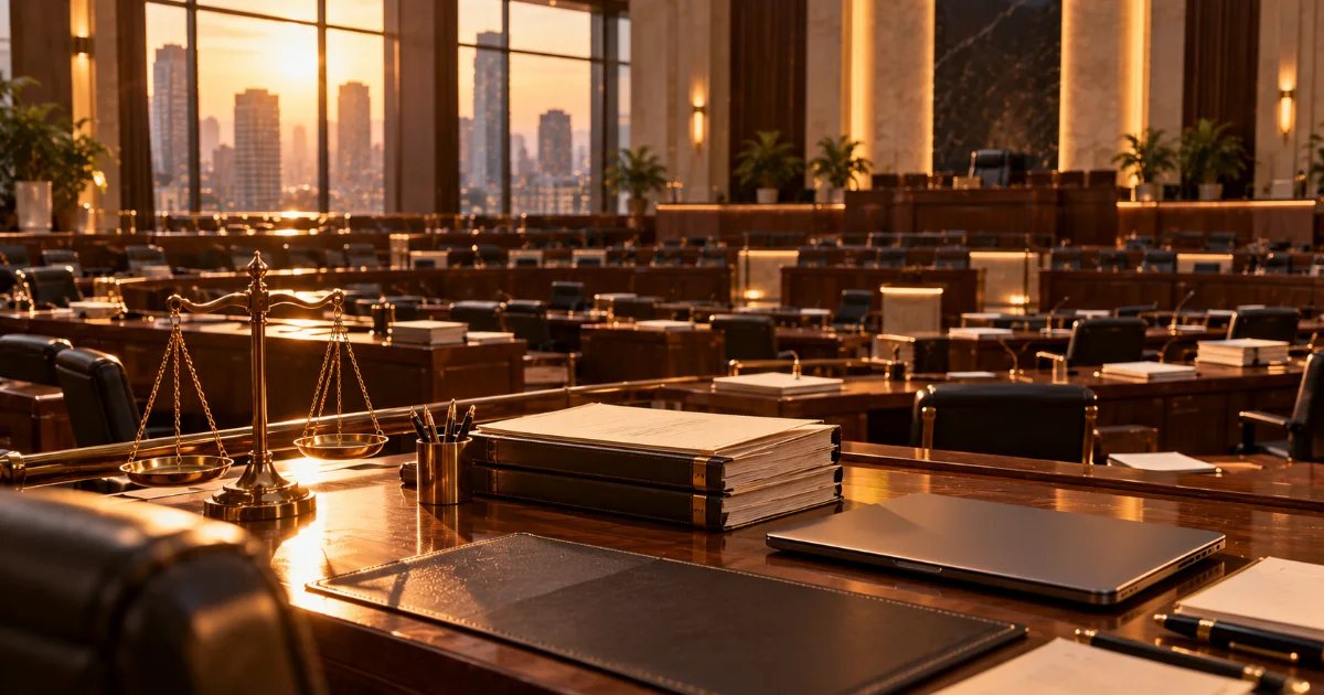 Empty legislative session hall in late-afternoon light with wooden desks, stacked papers and a brass balance scale