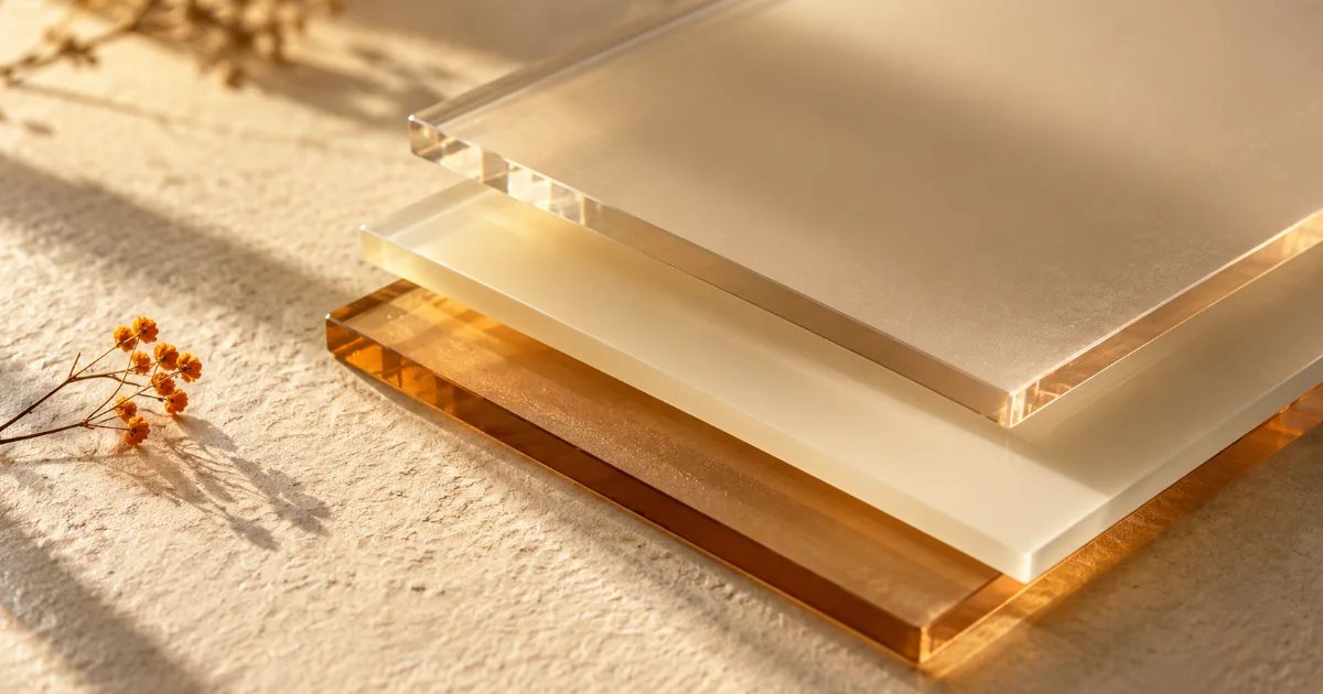 Three stacked translucent plates in beige, cream and amber on a textured paper surface in soft daylight