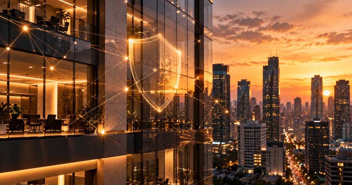 Glass office building facade at dusk overlaid with translucent network lines and a soft shield of light