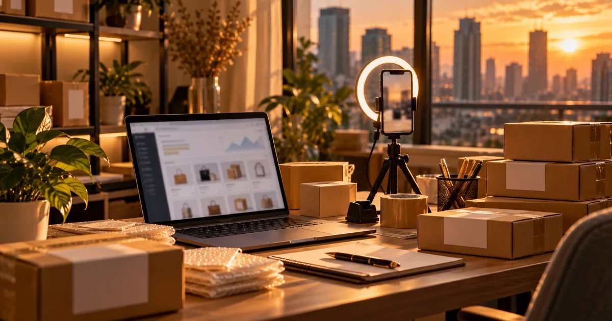 Online seller's workspace with a laptop dashboard, packed parcels and a smartphone on a ring light at golden hour