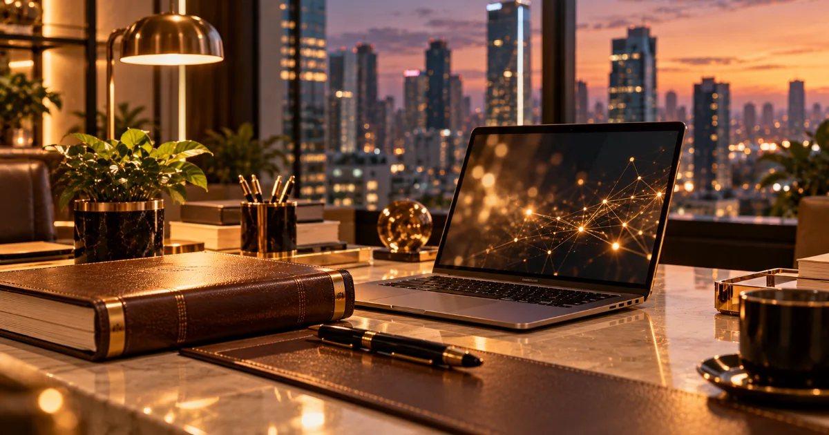 Laptop showing glowing network nodes beside a leather-bound book and fountain pen, city skyline at dusk