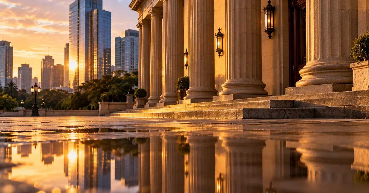 Colonnade of a neoclassical building at golden hour with a glass tower reflected in a puddle