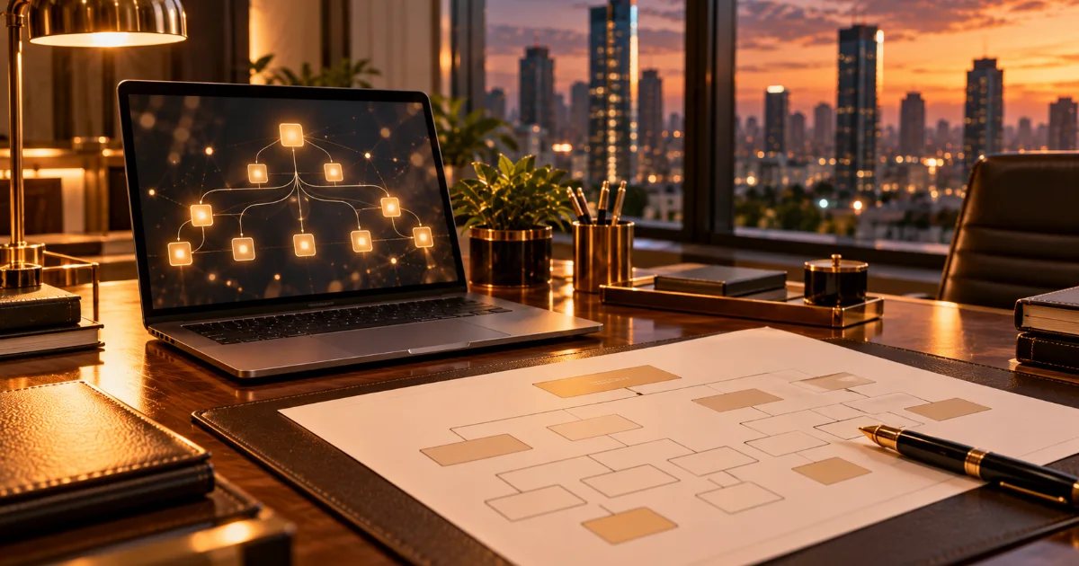 Laptop showing a diagram of connected nodes beside an organisational chart and a fountain pen at dusk